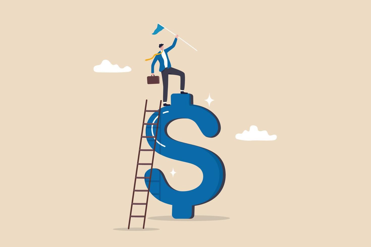 Financial success, income growth or business achievement, making money or profit, investment for financial freedom, opportunity, income concept, businessman winner holding flag climbing dollar sign. vector