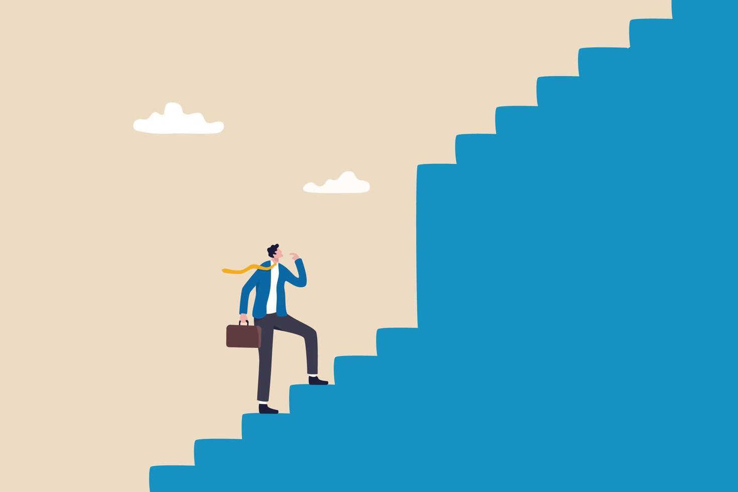 Challenge to overcome difficulty, obstacle or business problem, think of solution to get pass obstacle to success, failure or trouble concept, businessman walk up stair to find huge difficult step. vector