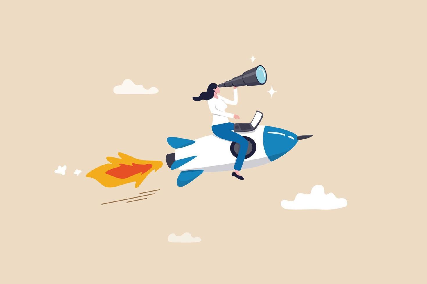 Woman entrepreneur, startup business or success small company, professional business management or female manager concept, confidence businesswoman riding rocket working on computer with telescope. vector