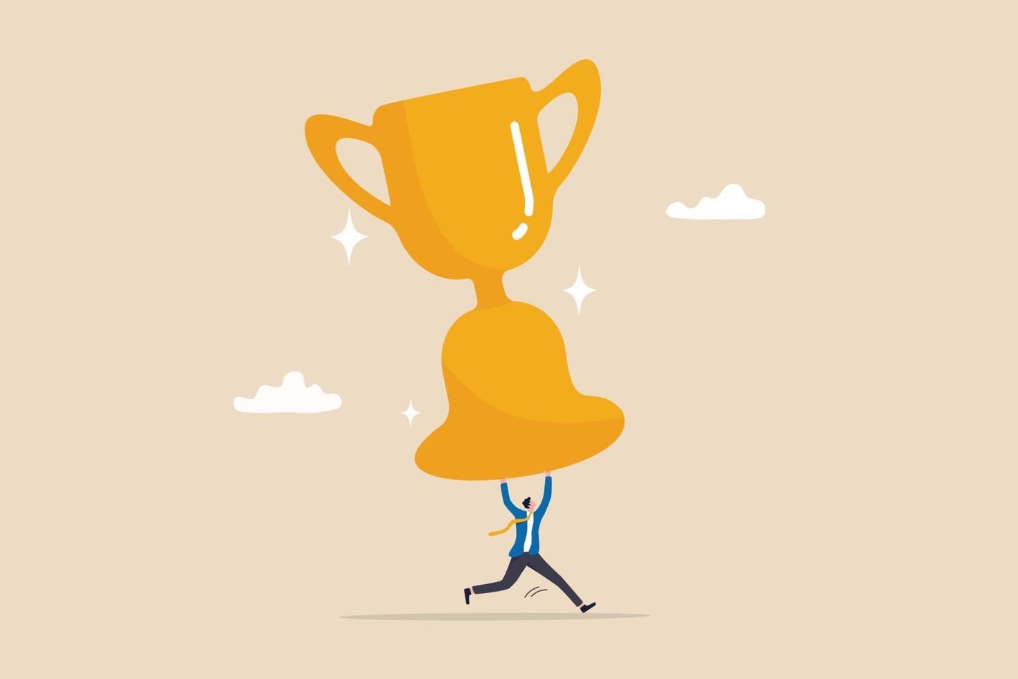 Big success or achievement, winning large business scale or challenge and effort to win award concept, confidence businessman entrepreneur carrying big winner trophy. vector