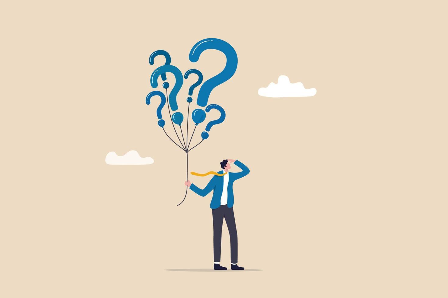 Question marks, finding solution or search for answer, solving problem or curiosity, questionnaire, FAQ or uncertainty concept, doubtful businessman holding question marks balloon look for solutions. vector