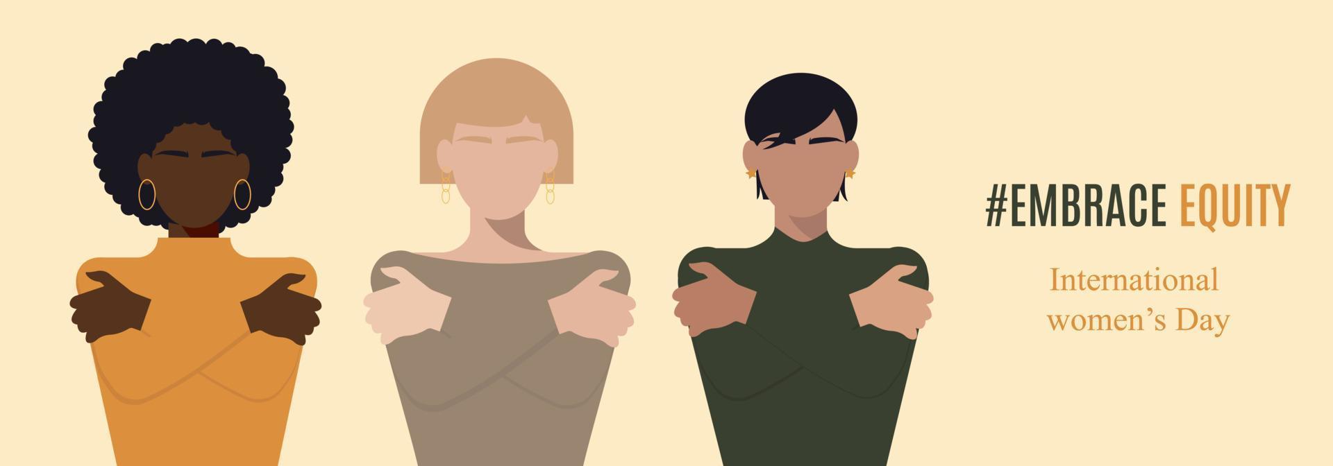 abrazo equidad, internacional De las mujeres día vector