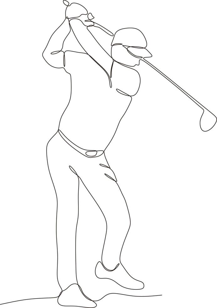 uno línea dibujo de joven golf jugador balanceo golf club y golpear pelota. relajarse deporte concepto. torneo promoción diseño vector gráfico ilustración