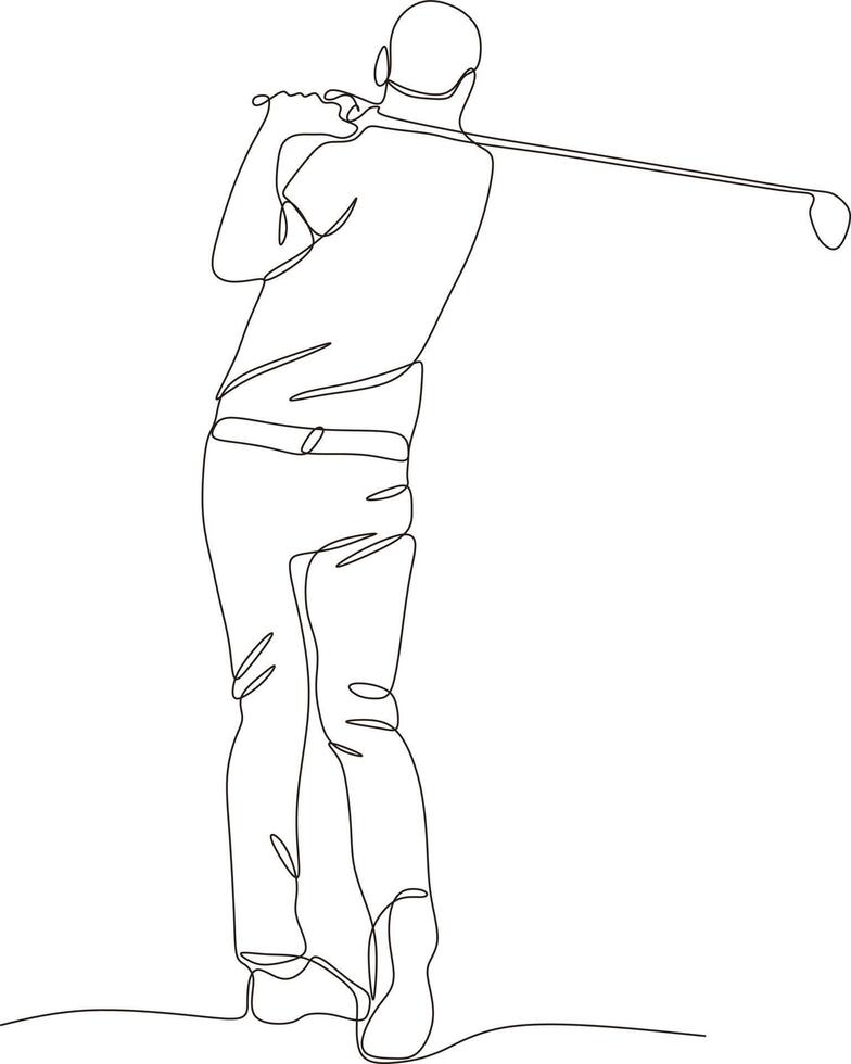 uno línea dibujo de joven golf jugador balanceo golf club y golpear pelota. relajarse deporte concepto. torneo promoción diseño vector gráfico ilustración