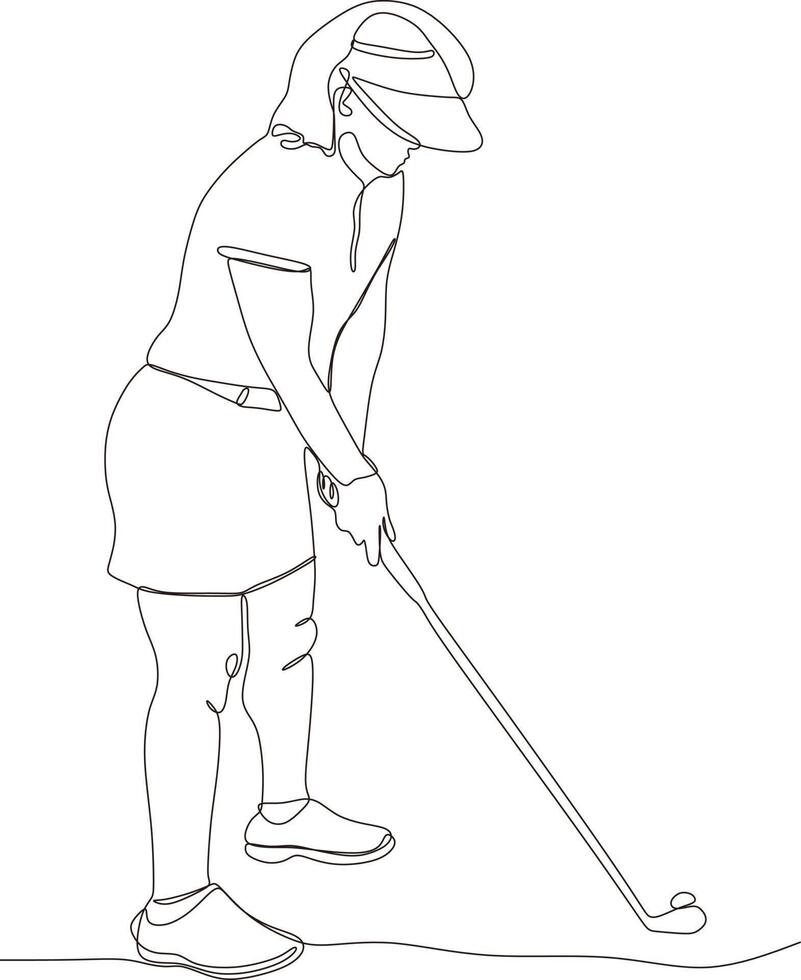 soltero línea dibujo de joven hembra golf jugador balanceo golf club y golpear pelota. relajarse deporte concepto. torneo promoción diseño vector gráfico ilustración