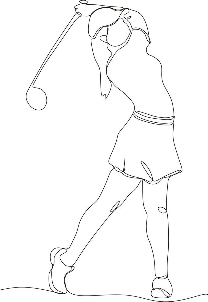 soltero línea dibujo de joven hembra golf jugador balanceo golf club y golpear pelota. relajarse deporte concepto. torneo promoción diseño vector gráfico ilustración