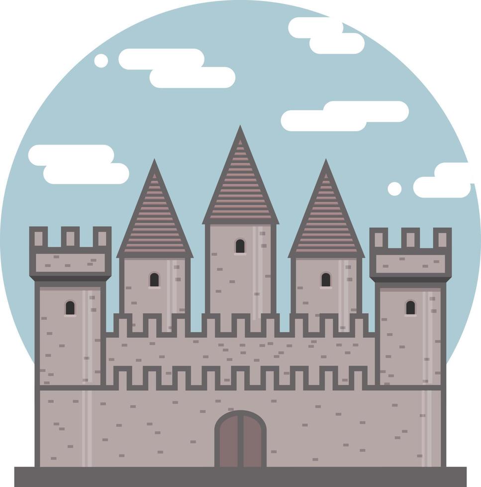 Medieval ancient castle flat icon. Fortress on sky circle background. Medieval architecture. Vector illustration of knight castle with walls and towers isolated on white background