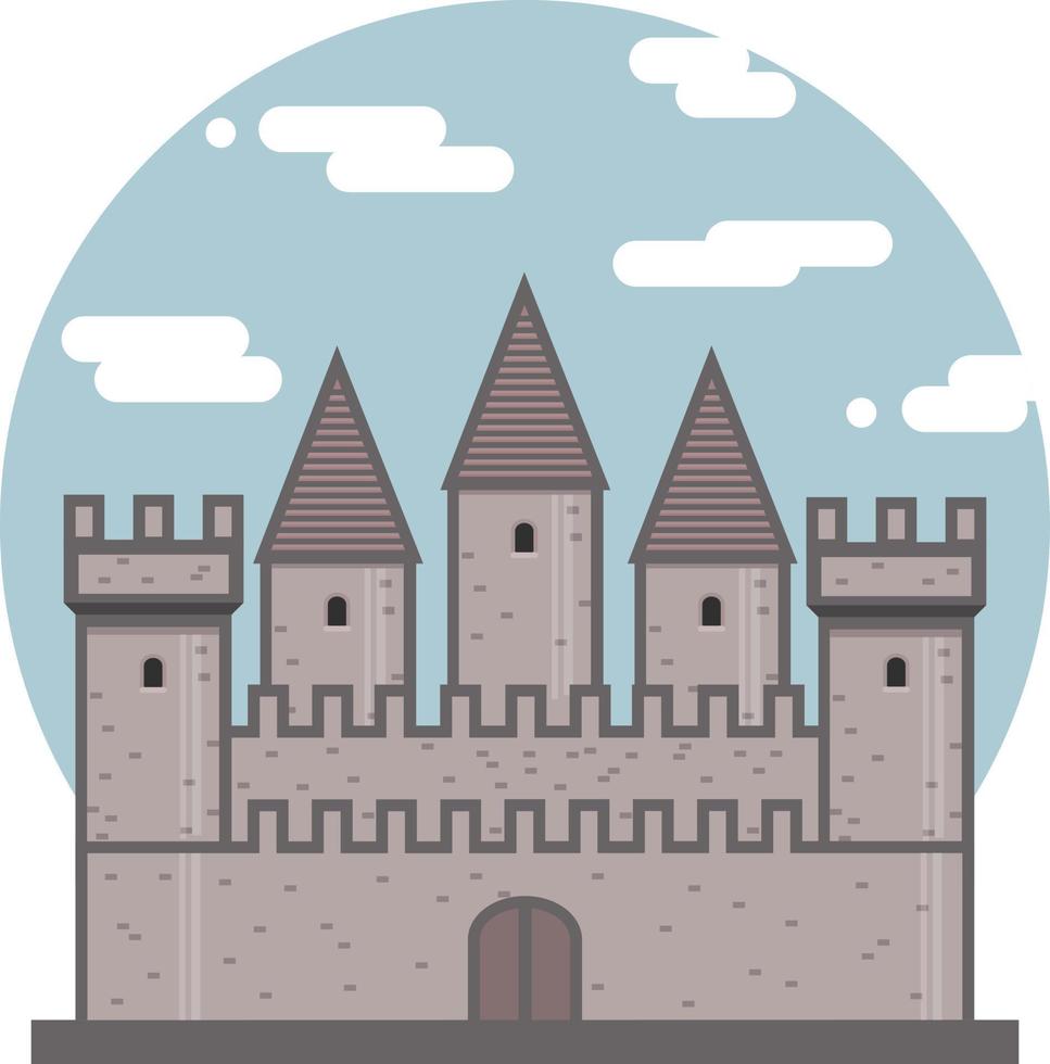 medieval antiguo castillo plano icono. fortaleza en cielo circulo antecedentes. medieval arquitectura. vector ilustración de Caballero castillo con paredes y torres aislado en blanco antecedentes