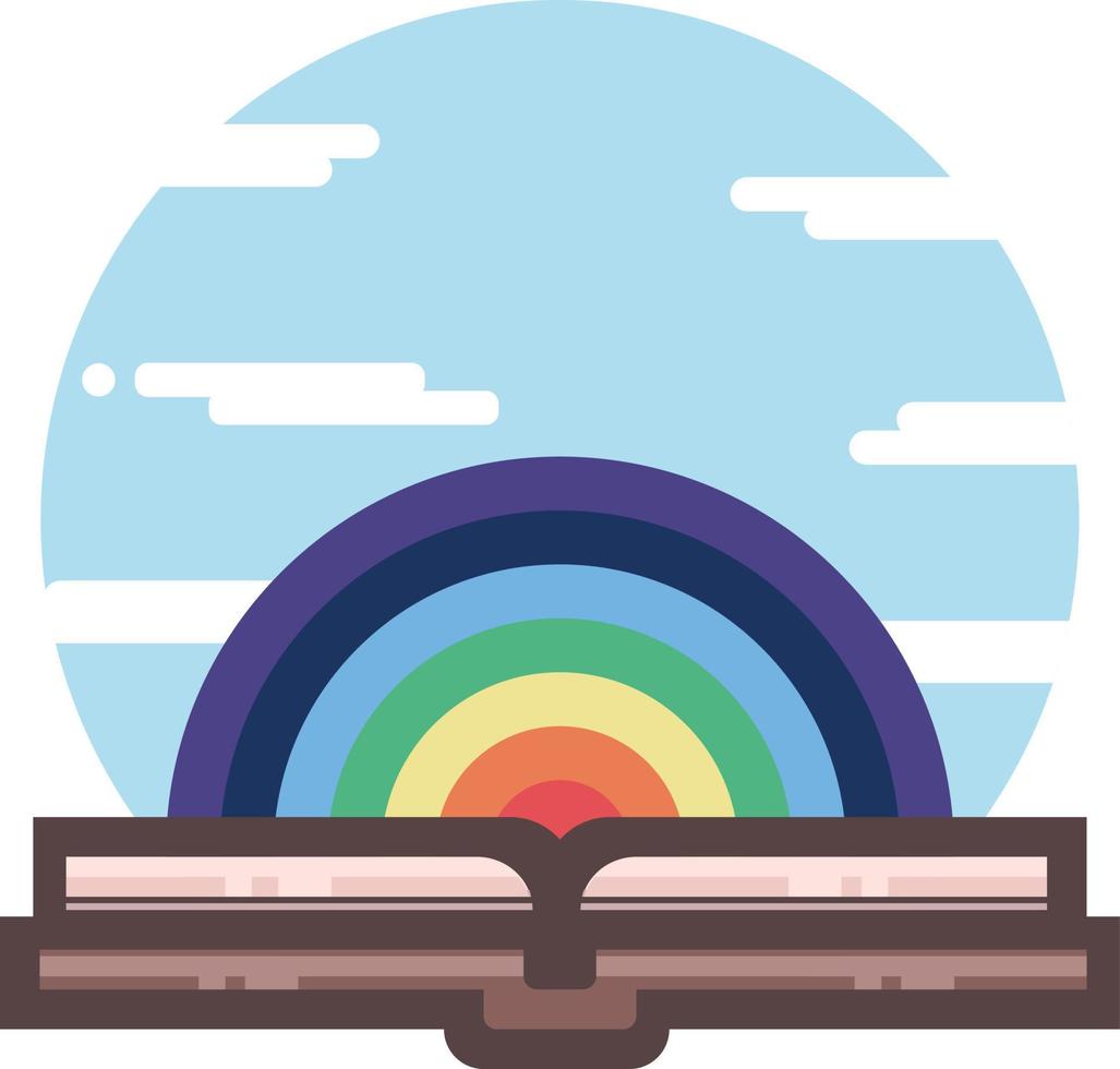 Book flat icon. Open book with a rainbow inside on blue sky round background. Metaphore of a life-affirming and breathtaking literature. Pleasure of reading. Children's books. Fantasy literature vector