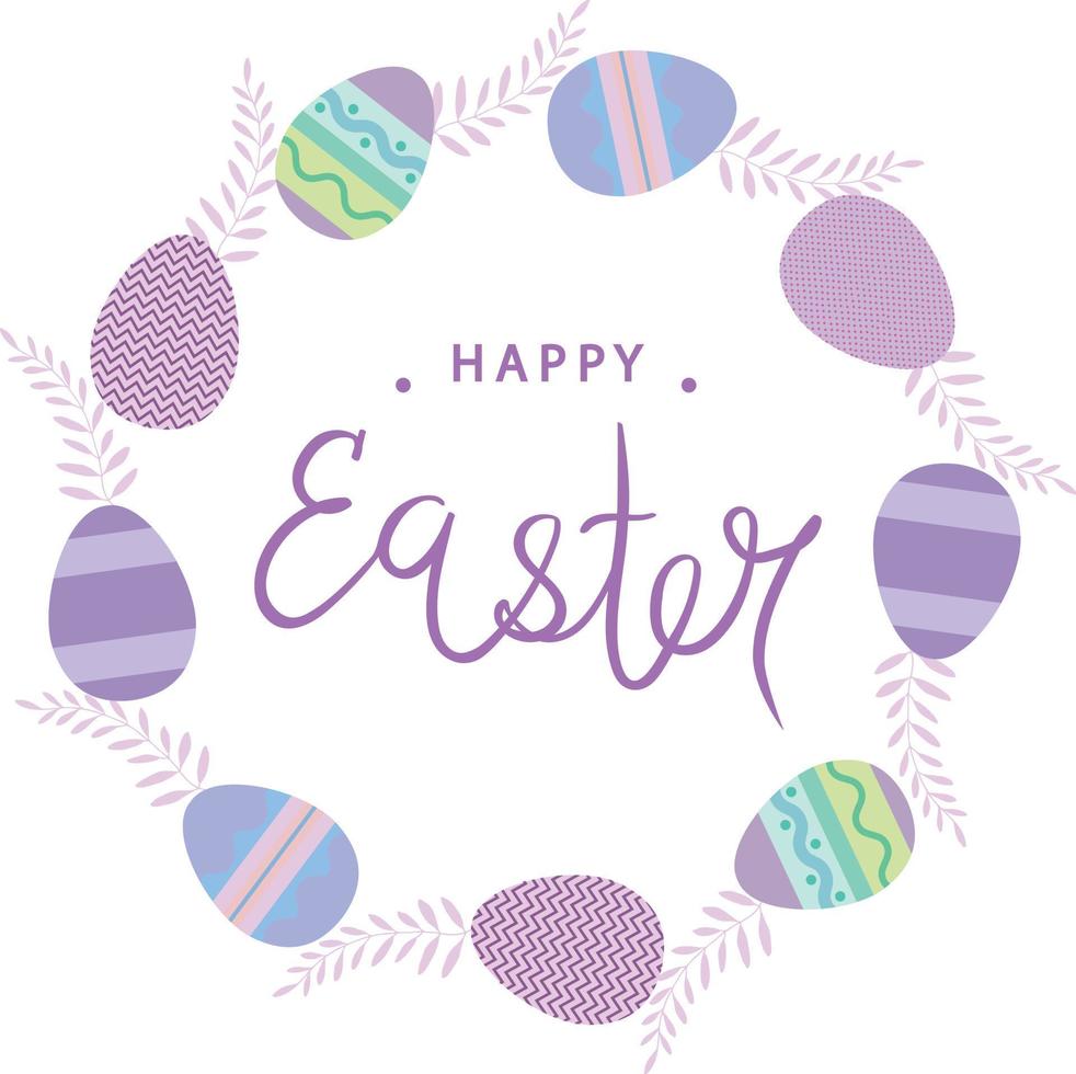 Easter festive wreath of various eggs and purple branches vector