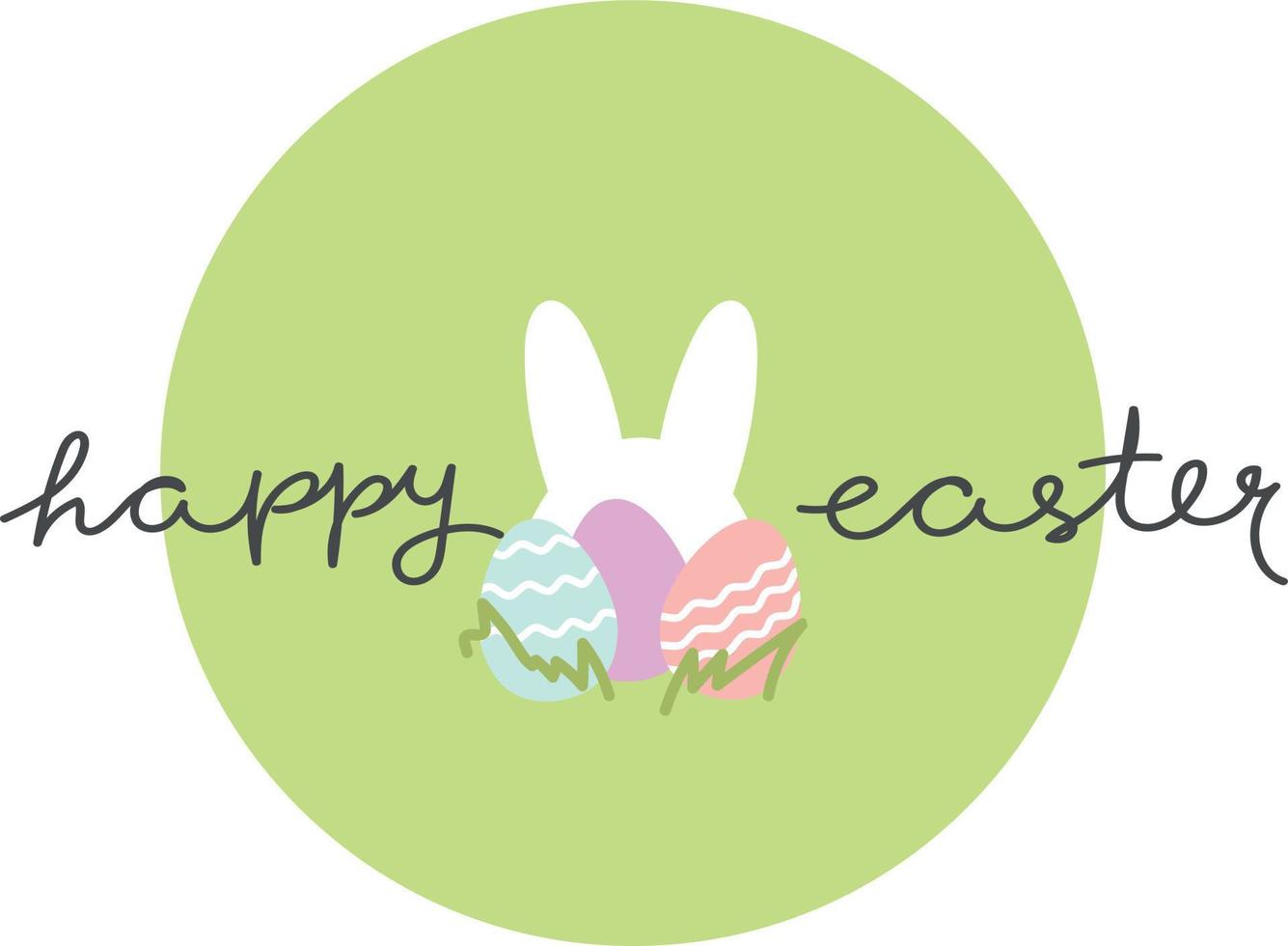 Cute simple Happy Easter logo with festive eggs and bunny silhouette on bright green circle background vector