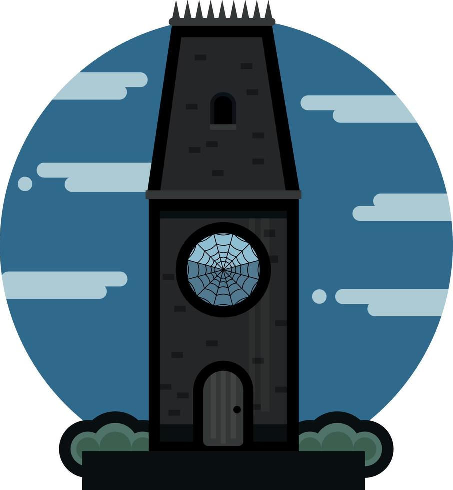 Gothic tower flat icon. Dark building with a big window with spider web pattern on circle sky background. Muted colors. Gothic architecture. vector