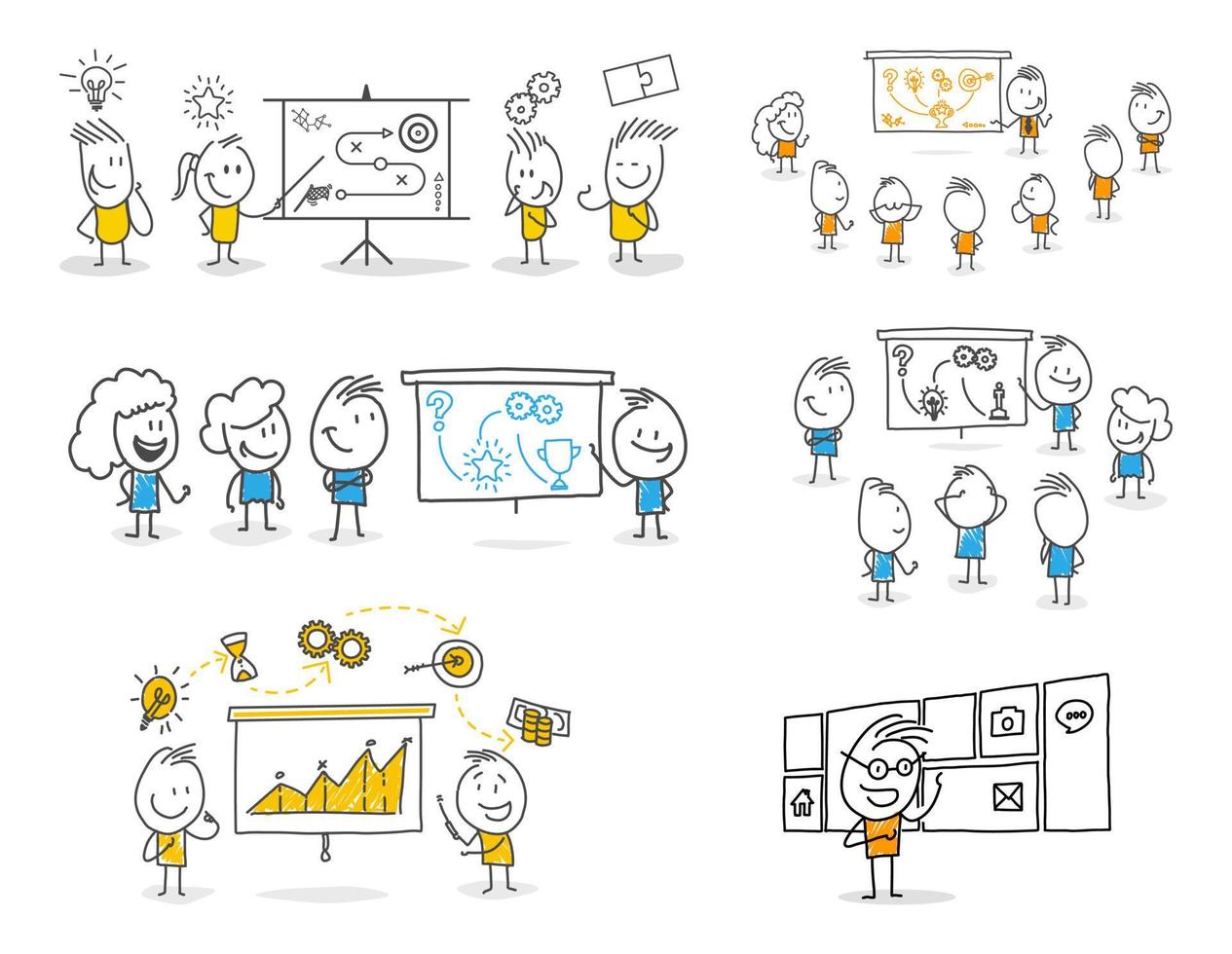 Stick figures. Education, Workshop, Lecturer. Hand drawn doodle line art cartoon design character. vector