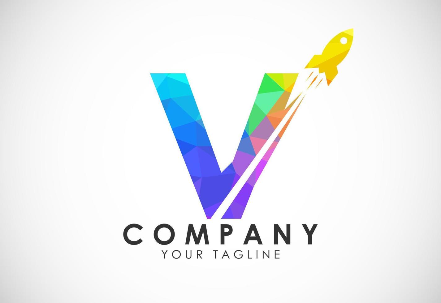 Polygonal alphabet V with a Rocket logo design. Rocket icon. Low poly graphic alphabet symbol vector