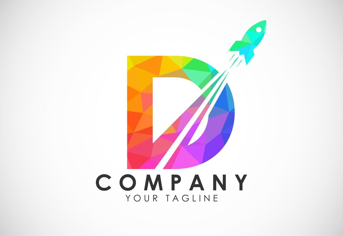Polygonal alphabet D with a Rocket logo design. Rocket icon. Low poly graphic alphabet symbol vector