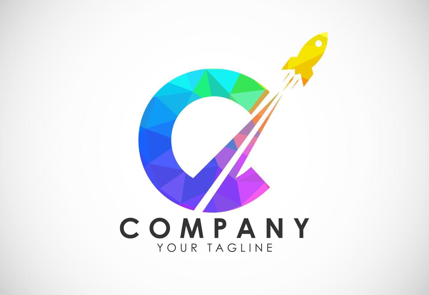 Polygonal alphabet C with a Rocket logo design. Rocket icon. Low poly graphic alphabet symbol vector