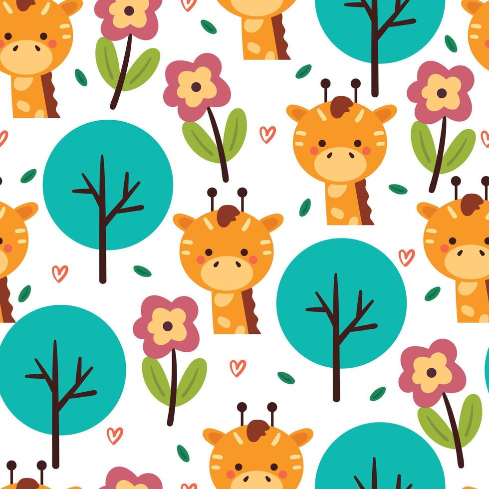 seamless pattern cartoon giraffe, plant and flower. cute animal wallpaper for textile gift wrap paper vector