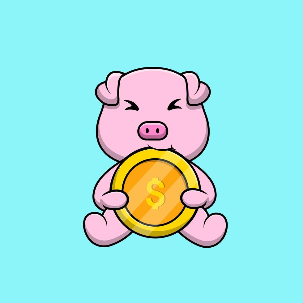 Cute Pig Bite Gold Coin Cartoon Vector Icons Illustration. Flat Cartoon Concept. Suitable for any creative project.