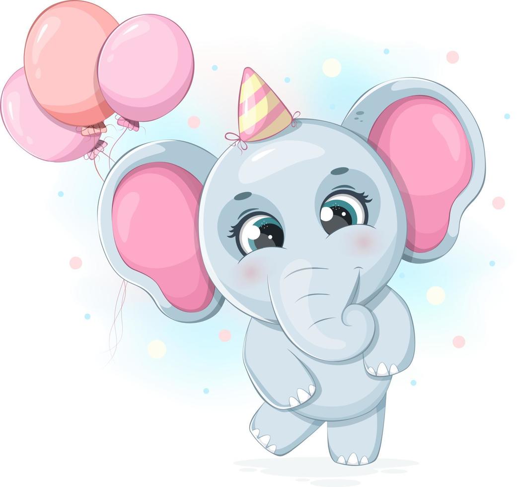 Cute cartoon elephant with balloons. Happy Birthday vector