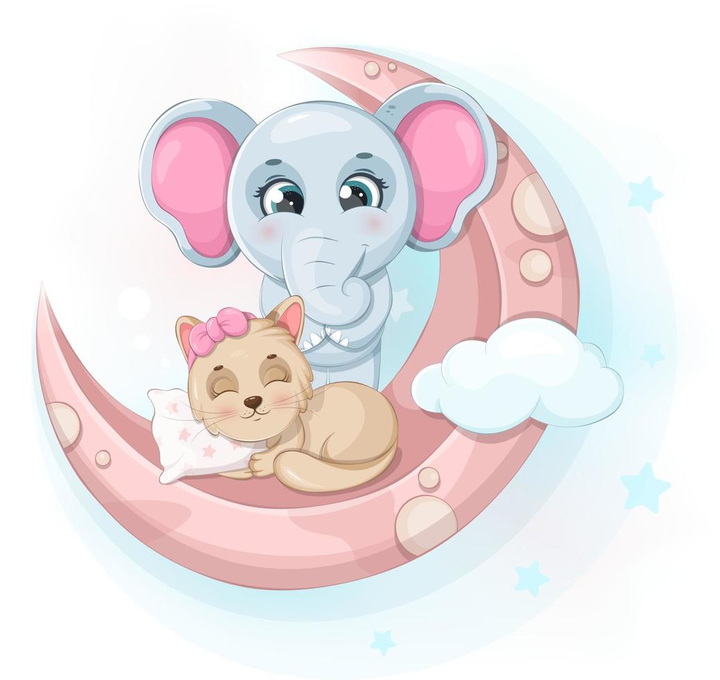 Cute elephant and kitten on the moon vector