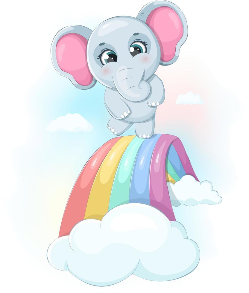 linda dibujos animados elefante en un arco iris con nubes vector