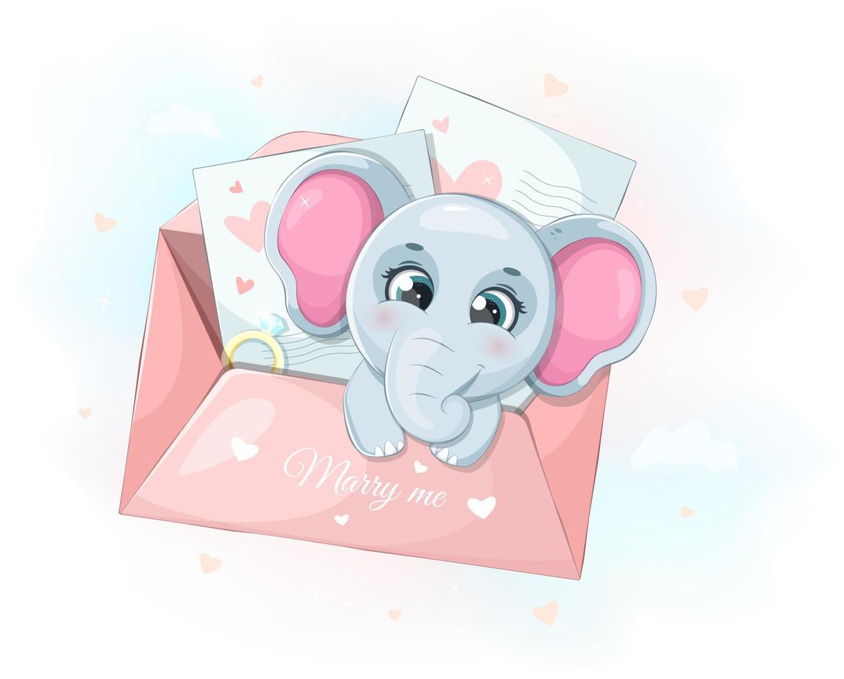 Delicate elephant in an envelope Marry me with love letters and a diamond ring vector