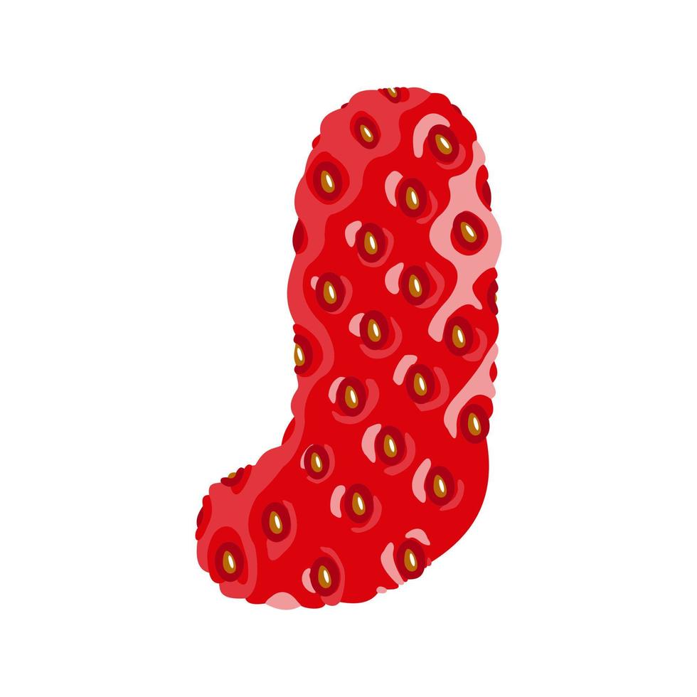 Strawberry font. Letter J. Alphabetical character with strawberry texture. Character representing one or more of the sounds used in speech. Decorative fruit font. Vector illustration.