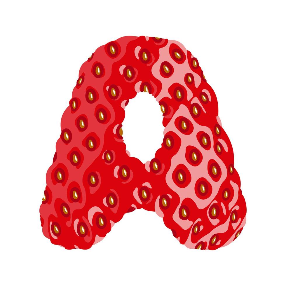 Strawberry font. Letter A. Alphabetical character with strawberry texture. Character representing one or more of the sounds used in speech. Decorative fruit font. Vector illustration.