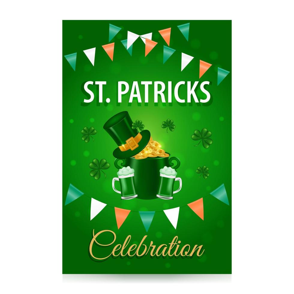 St patricks day background. St. Patrick's Day vertical vector design with traditional holiday symbols Leprechaun hat, treasure pot and glasses of green beer and ale on blurred green background. Vector