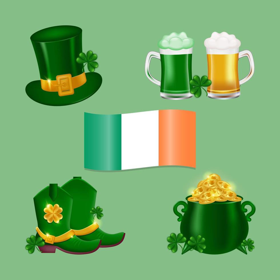 Traditional symbols for St. Patrick's Day. Ireland flag, Leprechaun hat, fresh beer, green ale, pot of gold, shamrock clover. Vector icons set.