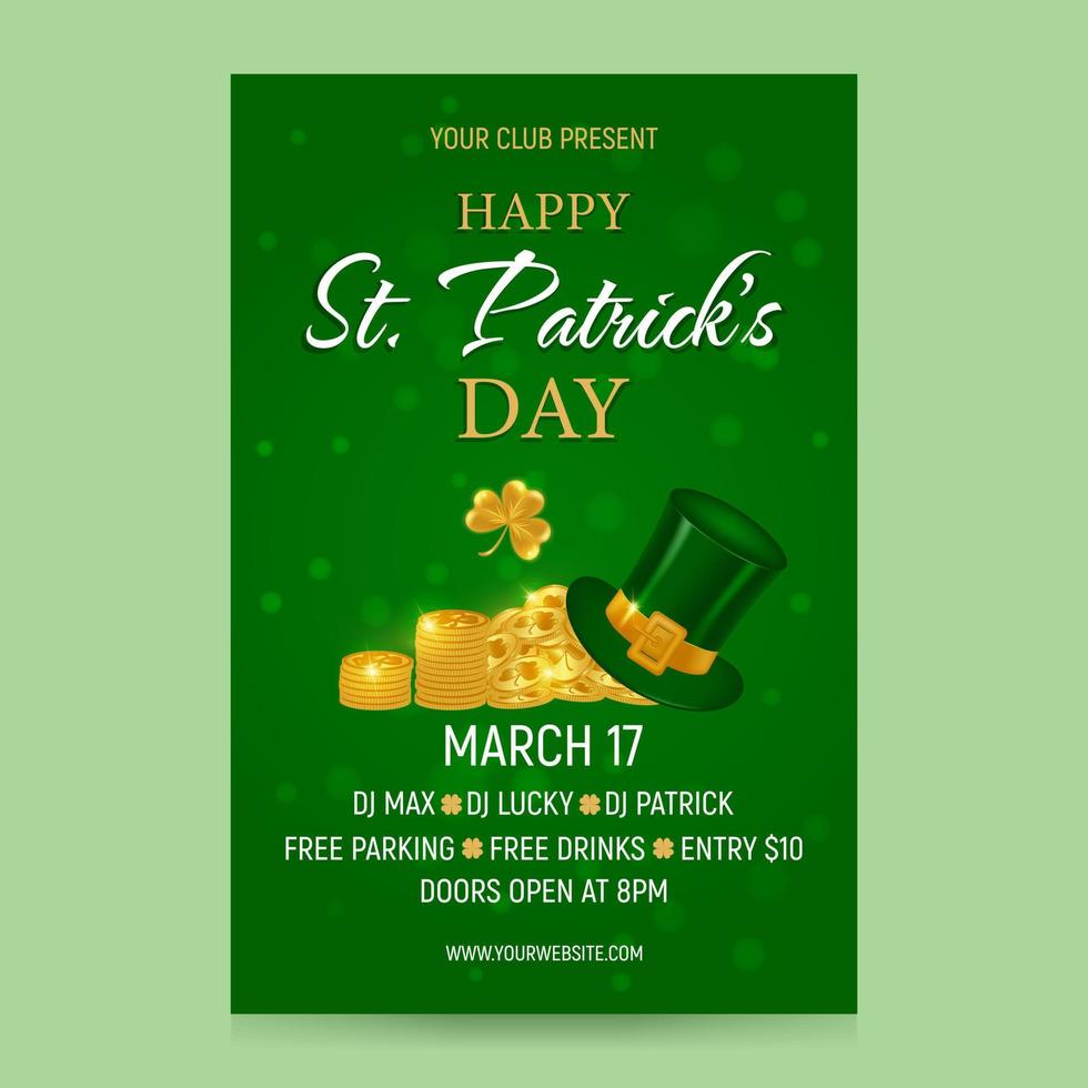 Invitation to celebrate St. Patrick's Day on March 17th. Poster template with wealth, Leprechaun hat and shamrock on green background. Vector illustration.