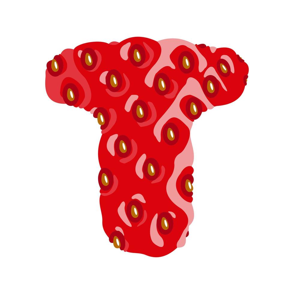 Strawberry font. Letter T. Alphabetical character with strawberry texture. Character representing one or more of the sounds used in speech. Decorative fruit font. Vector illustration.