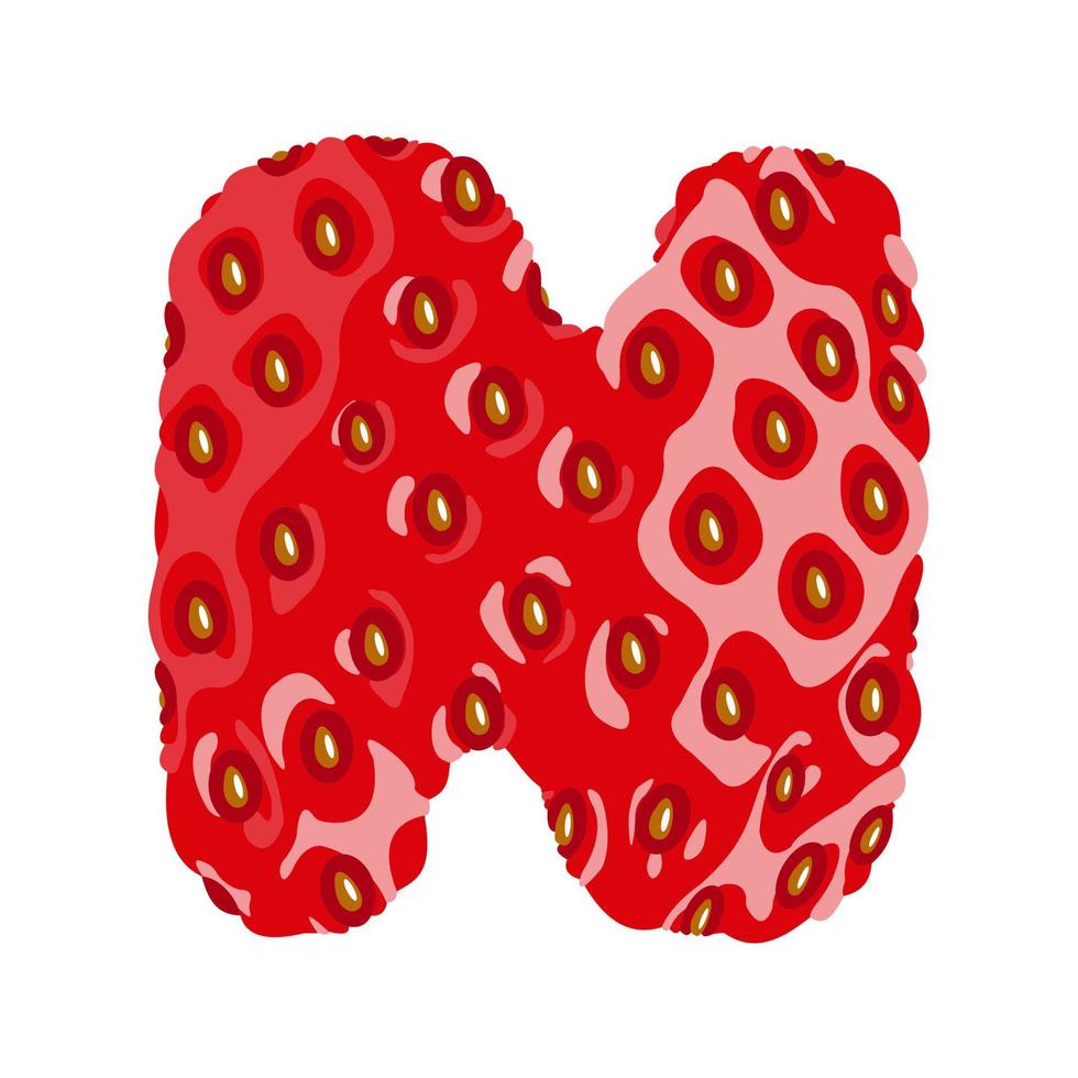Strawberry font. Letter N. Alphabetical character with strawberry texture. Character representing one or more of the sounds used in speech. Decorative fruit font. Vector illustration.