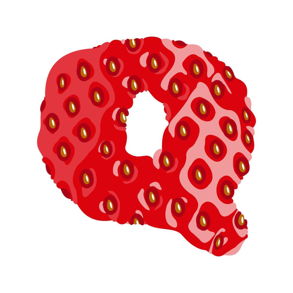 Strawberry font. Letter Q. Alphabetical character with strawberry texture. Character representing one or more of the sounds used in speech. Decorative fruit font. Vector illustration.