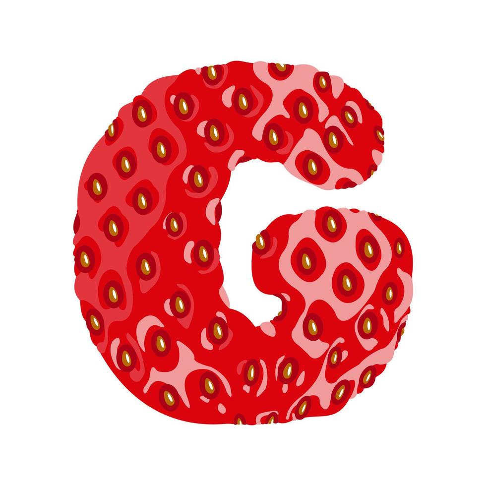 Strawberry font. Letter G. Alphabetical character with strawberry texture. Character representing one or more of the sounds used in speech. Decorative fruit font. Vector illustration.