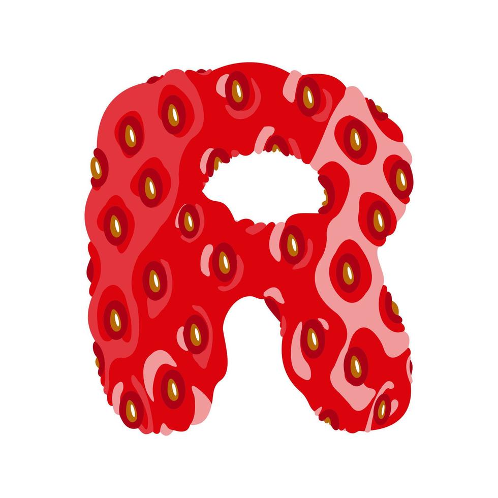 Strawberry font. Letter R. Alphabetical character with strawberry texture. Character representing one or more of the sounds used in speech. Decorative fruit font. Vector illustration.