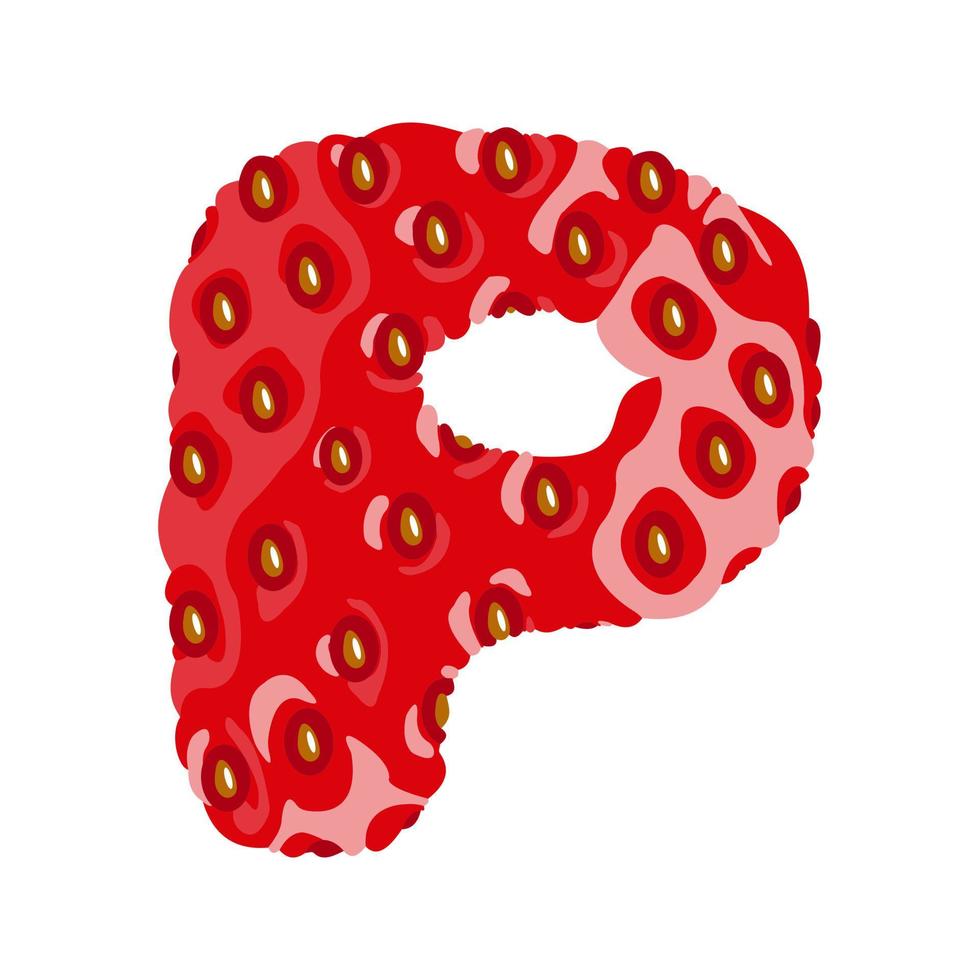 Strawberry font. Letter P. Alphabetical character with strawberry texture. Character representing one or more of the sounds used in speech. Decorative fruit font. Vector illustration.