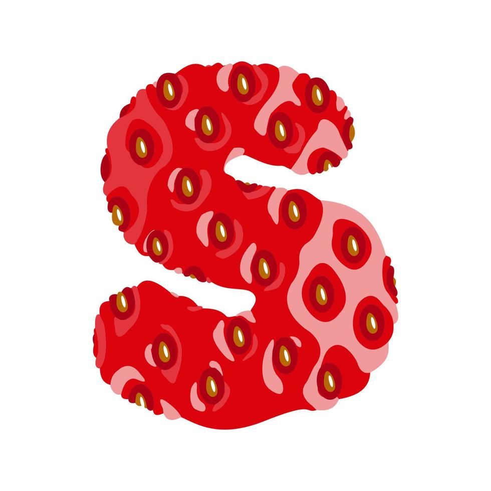 Strawberry font. Letter S. Alphabetical character with strawberry texture. Character representing one or more of the sounds used in speech. Decorative fruit font. Vector illustration.