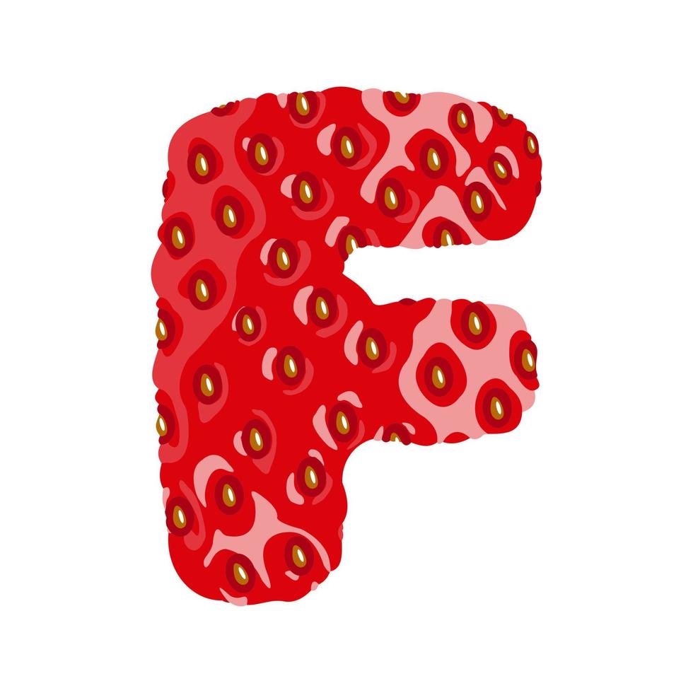 Strawberry font. Letter F. Alphabetical character with strawberry texture. Character representing one or more of the sounds used in speech. Decorative fruit font. Vector illustration.