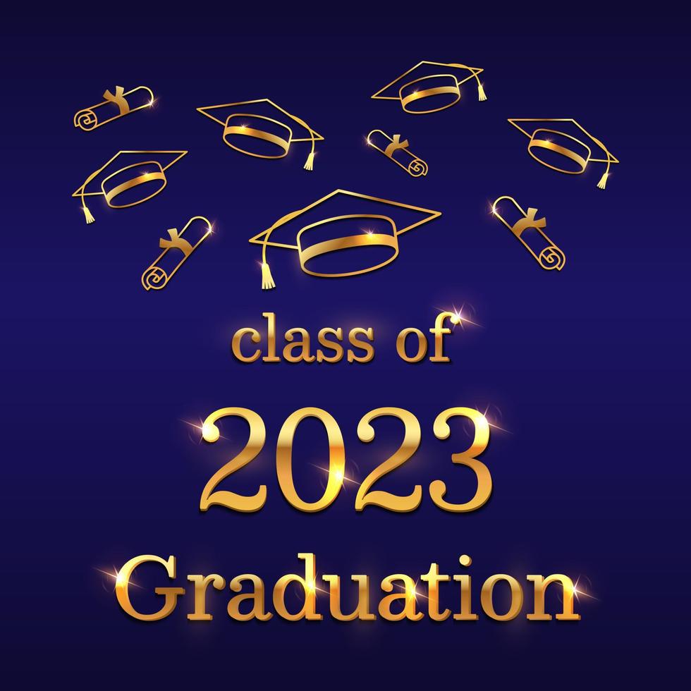 Celebrate graduation. Golden graduation cap, a diploma scroll, and a congratulatory message on a dark blue background. Perfect for invitations, posters, and other graduation themed designs. Vector. vector