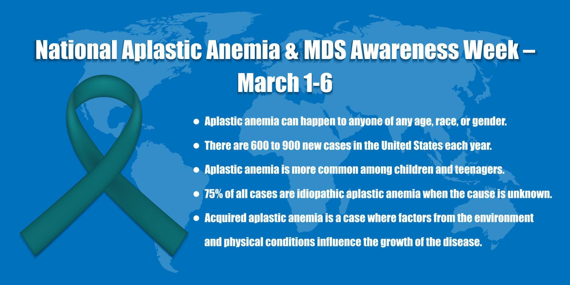 Help raise awareness for National Aplastic Anemia and MDS Awareness Week with our striking banner featuring a green ribbon and a world map on a blue background. Vector illustration.