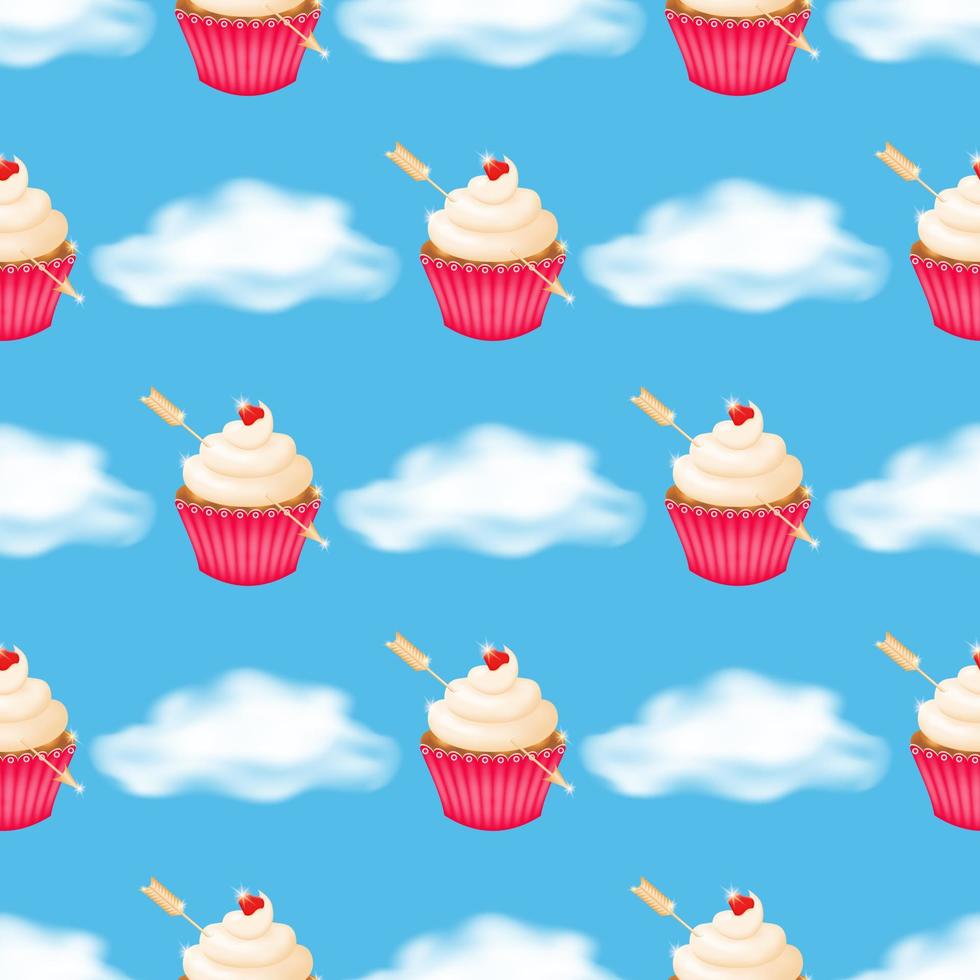 Fluffy clouds on a blue background with a seamless pattern of delicious cupcakes topped with whipped cream in a pink crimped paper cup, pierced by a golden arrow. Vector illustration.