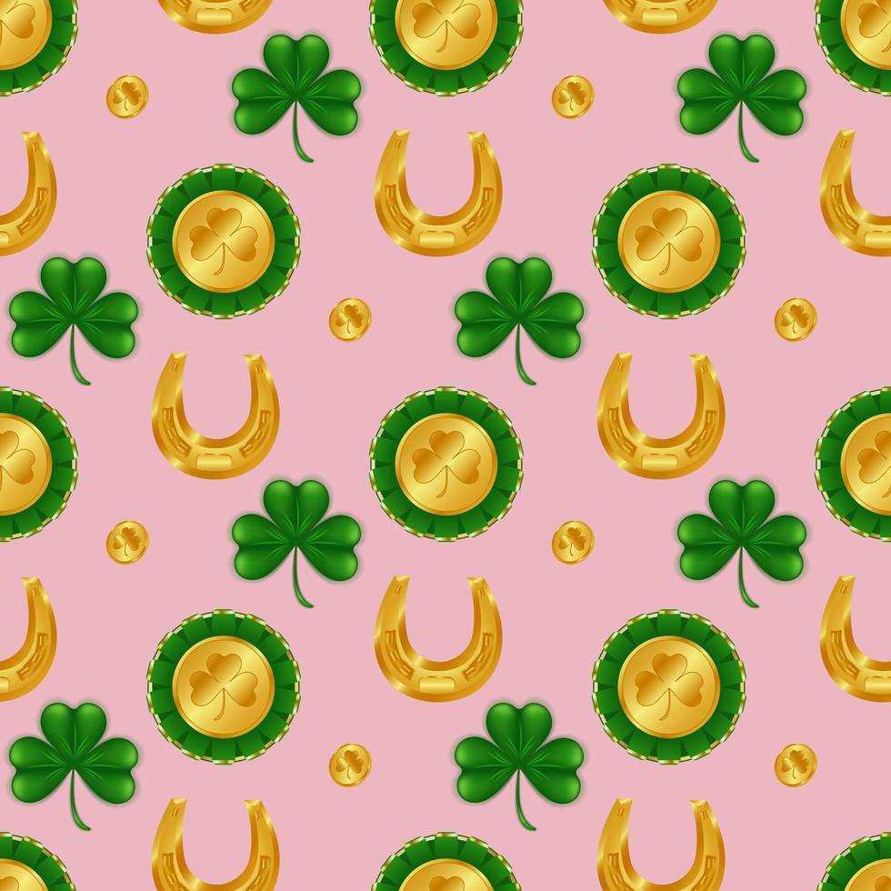 Celebrate St. Patrick's Day in style with this seamless pattern featuring a lucky golden horseshoe, coins, clover shamrock, and a shiny gold medal. Perfect for decorating wall, fabrics, and gift wrap. vector