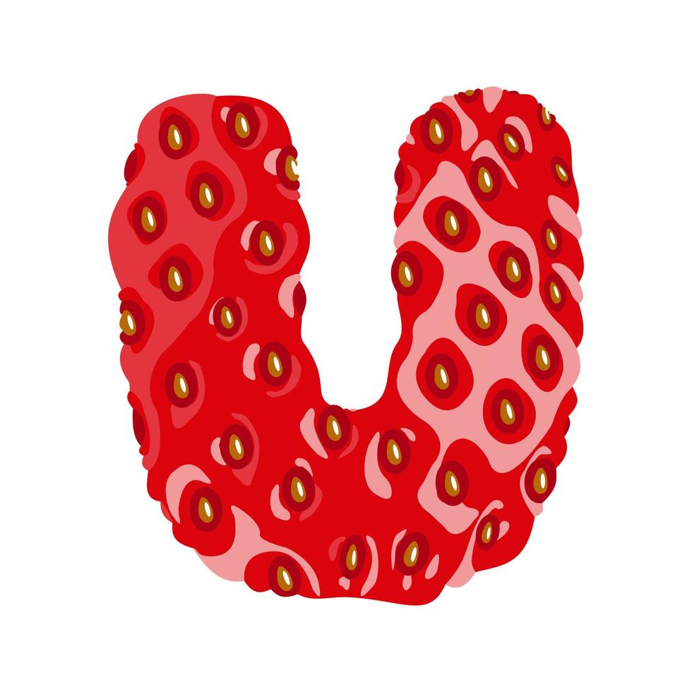 Strawberry font. Letter U. Alphabetical character with strawberry texture. Character representing one or more of the sounds used in speech. Decorative fruit font. Vector illustration.