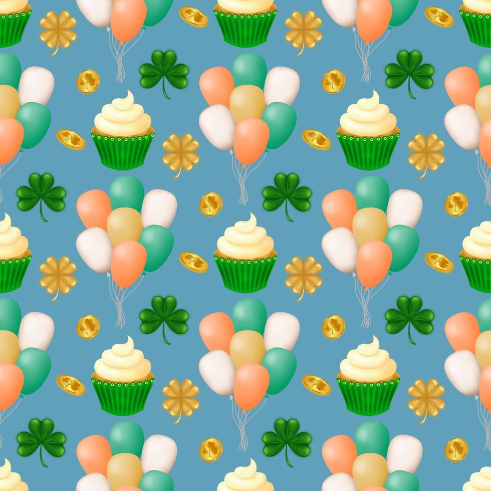 Celebrate St. Patrick's Day in style with our seamless pattern featuring balloons, clover leaves, gold coins, a golden shamrock, and a delicious cupcake with whipped cream on a blue background. Vector