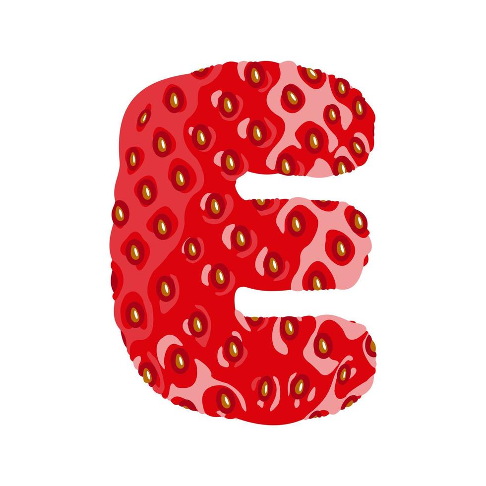 Strawberry font. Letter E. Alphabetical character with strawberry texture. Character representing one or more of the sounds used in speech. Decorative fruit font. Vector illustration.