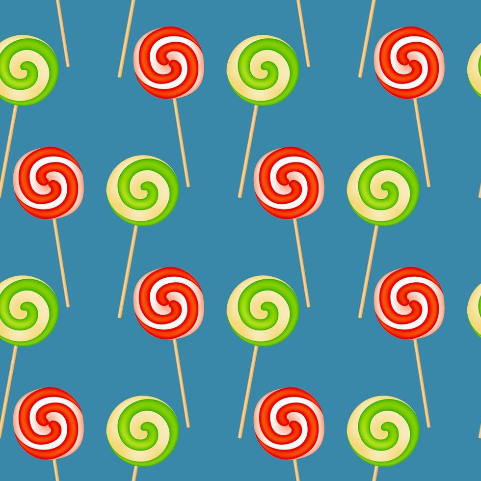 Indulge in sweetness with our seamless pattern of deliciously colorful spiral lollipops on a serene turquoise background. Vector illustration.