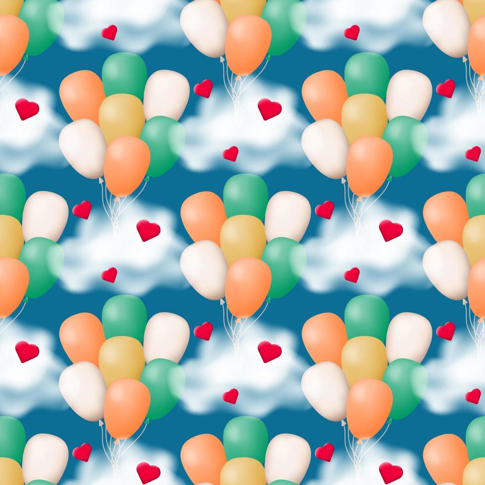 Bring joy and happiness to your designs with our seamless pattern featuring a bundle of colorful balloons and red hearts set amidst fluffy clouds on a beautiful blue background. Vector illustration.