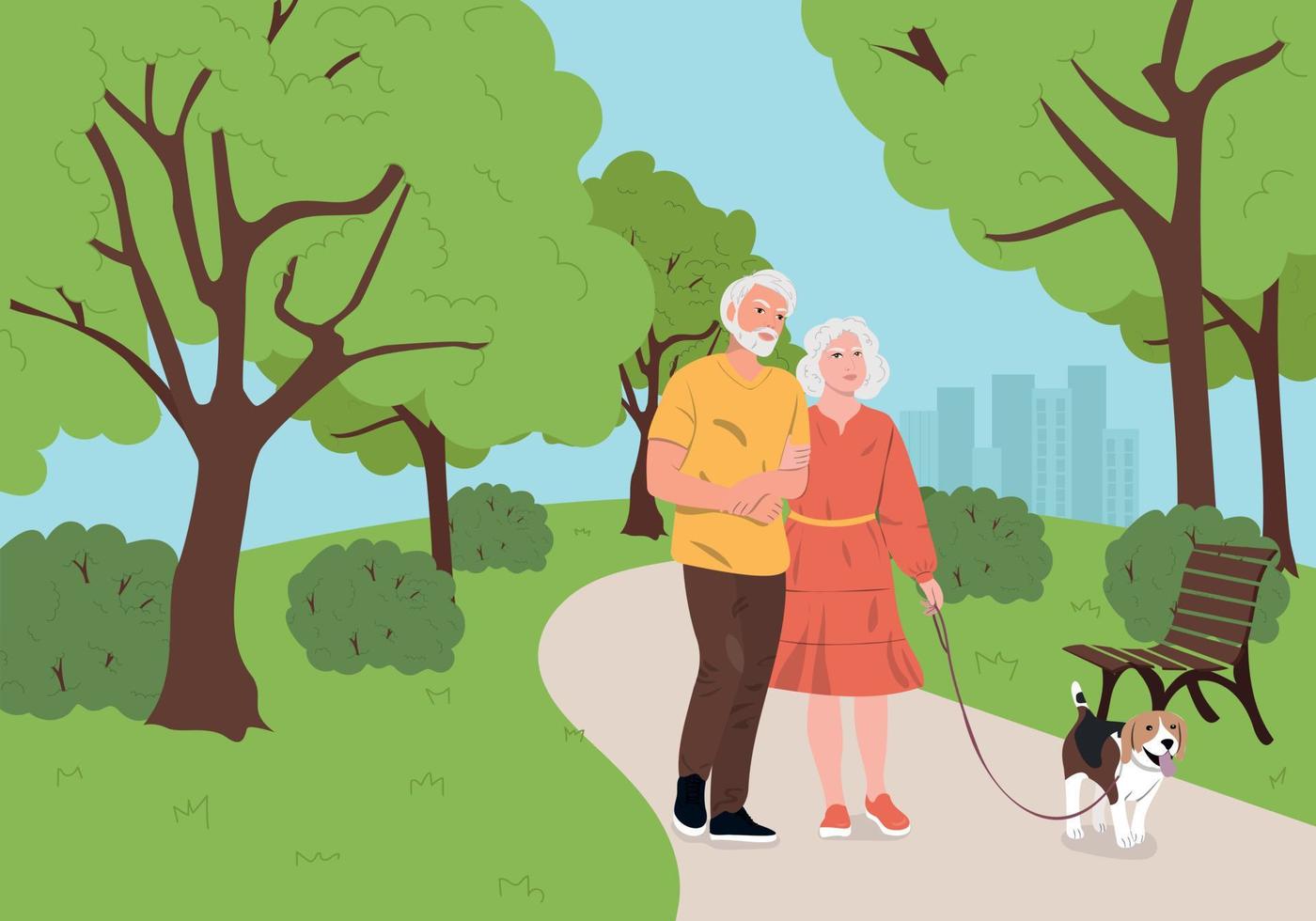 Old couple walking with dog in the park. vector