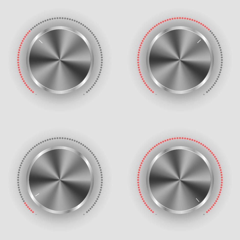 Realistic metal and plastic radio switch. Different level buttons and power regulators set vector